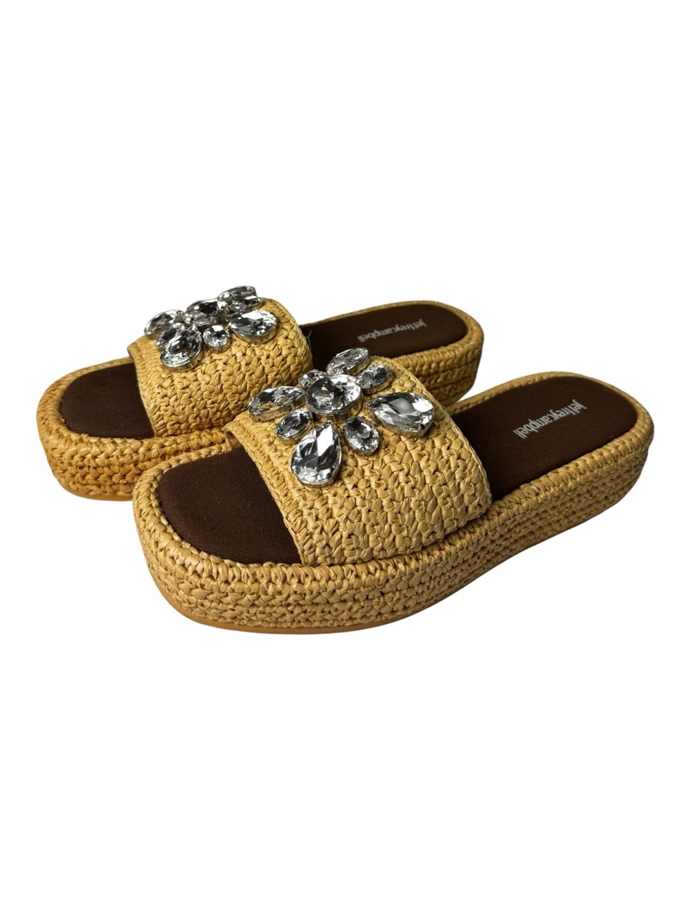 Jeffrey Campbell Tan Woven Raffia Crystal Gem Slide Platform Sandals 9 NWT
